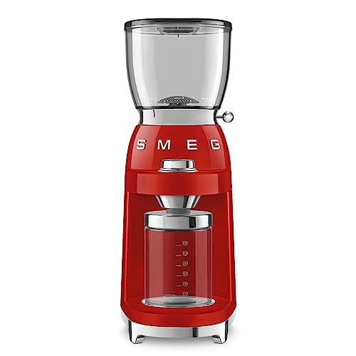 Smeg CGF11RDEU kávédaráló (kúpos acél, 30 őrlési beállítás, 350 g tartály, prémium alumínium ház, 150 W, piros)
