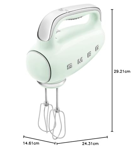 Smeg HMF01PGEU elektromos mixer, 9 sebesség, turbó, sima indítás, 4 habverő, 2 dagasztókar, bevonatos, 250 W (pasztell zöld)