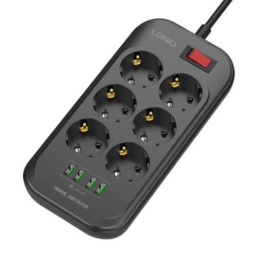 Power strip with 6 AC outlets, 4x USB, LDNIO SE6403, 2m (fekete)