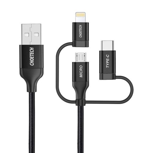 kábel Choetech IP0030, MFi 3in1, USB-A/Lightning/Micro USB/USB-C, 5V, 1,2m (fekete)