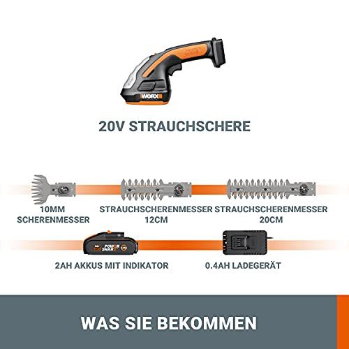 WORX WG801E - akkumulátoros fű- és bokornyíró 20V PowerShare 3 az 1-ben olló, 20 cm - outlet termék