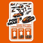 WORX WG801E - akkumulátoros fű- és bokornyíró 20V PowerShare 3 az 1-ben olló, 20 cm - outlet termék
