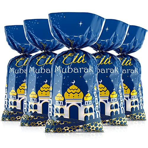 100 darab Eid Mubarak ajándéktasak, kék-arany ramadán mintás cellofán, átlátszó - outlet termék