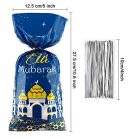 100 darab Eid Mubarak ajándéktasak, kék-arany ramadán mintás cellofán, átlátszó - outlet termék