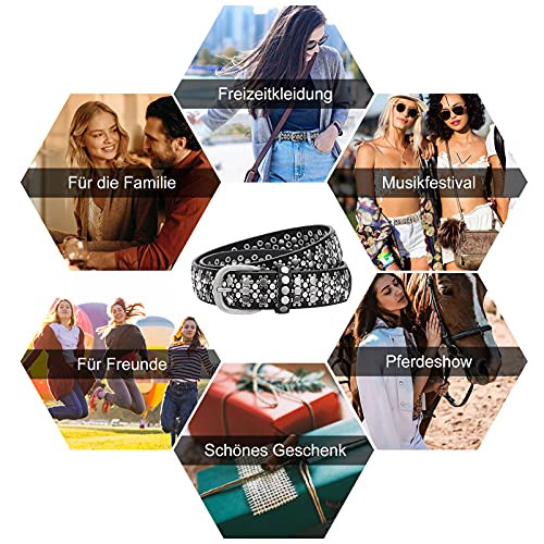 JasGood női szegecses öv csillogó strassz szegecsekkel, western bőr öv farmerhez - outlet termék