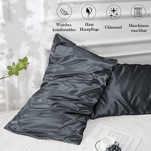 Vielit 2 darabos szatén párnahuzat hajra és bőrre sötétszürke, 40x80cm, 2 hajgumi - outlet termék