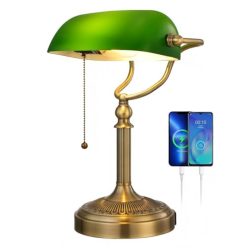   Newrays zöld üveg bankári asztali lámpa húzókapcsoló, USB gyors töltőport - outlet termék