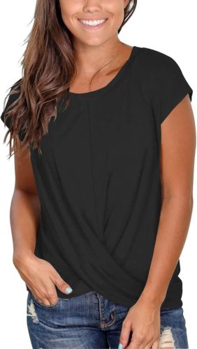 ELFIN női egyszínű kerek nyakú rövid ujjú nyári ing aszimmetrikus alsó szegéllyel - outlet termék