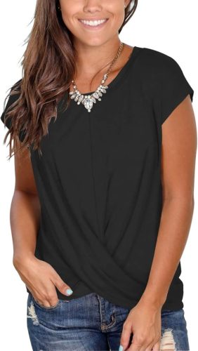 ELFIN női egyszínű kerek nyakú rövid ujjú nyári ing aszimmetrikus alsó szegéllyel - outlet termék