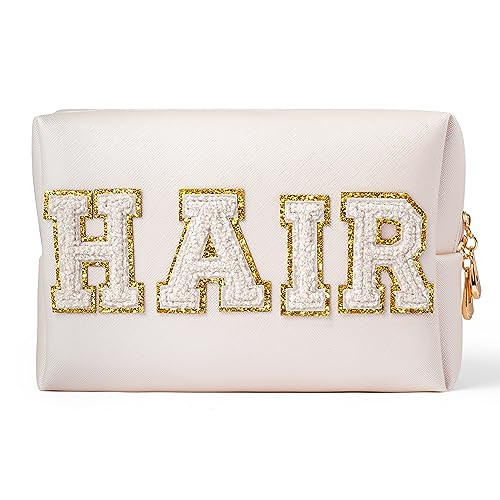 Y1tvei Hair fehér utazó kozmetikai táska, preppy patch varsity betűk pipere táska - outlet termék