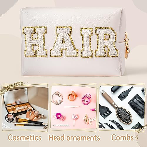 Y1tvei Hair fehér utazó kozmetikai táska, preppy patch varsity betűk pipere táska - outlet termék