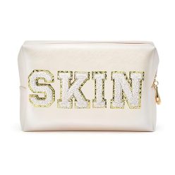   Y1tvei Skin fehér utazó kozmetikai táska, preppy patch varsity betűs pipere táska - outlet termék