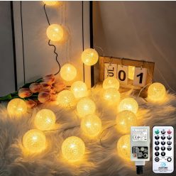   Liyade fényfüzér belső, pamutgolyó fényfüzér, 6M 20 LED gömb fényfüzér dugóval, 8 mód - outlet termék