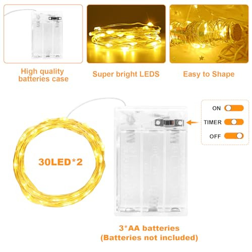 LED tündérfények, elemes, 2x 3 m, 30 LED rézhuzalos tündérfények, időzítővel - outlet termék