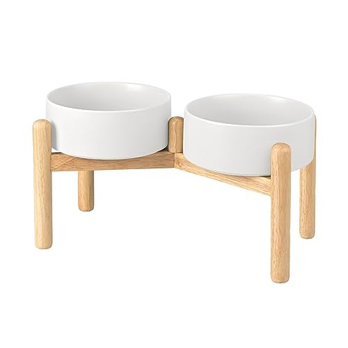 SPUNKYJUNKY kerámia kutyatál bambusz állvánnyal 1800ml, fehér - outlet termék