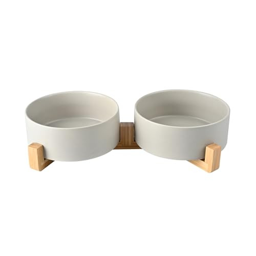 SPUNKYJUNKY kerámia dupla kutyatál bambusz állvánnyal nagy kutyáknak 1800ml (szürke) - outlet termék