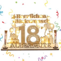   Jostift pénzajándék 18. születésnapra, fa tábla vendégkönyv 18. születésnapra LED - outlet termék