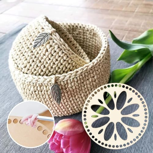 2 darabos kosár alap horgoláshoz, természetes fa kosár, kör alakú üres horgolt kosár - outlet termék