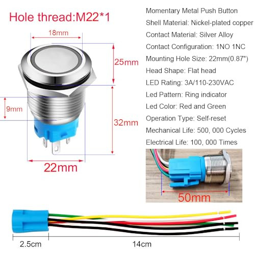 Gebildet 22mm nyomógomb kábelcsatlakozóval, 3A/110V-230 VAC, 1NO 1NC, SPDT, be/ki - outlet termék
