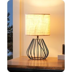   EDISHINE éjjeliszekrény lámpa bézs vászon ernyő, fekete fém talp, E14 LED izzó 2700K - outlet termék