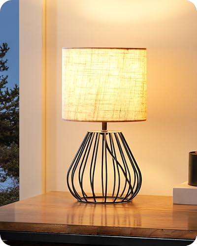 EDISHINE éjjeliszekrény lámpa bézs vászon ernyő, fekete fém talp, E14 LED izzó 2700K - outlet termék