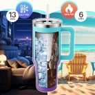 PRAOAHEI 1180 ml termoszbögre szívószállal és fogantyúval (kék-lila) - outlet termék