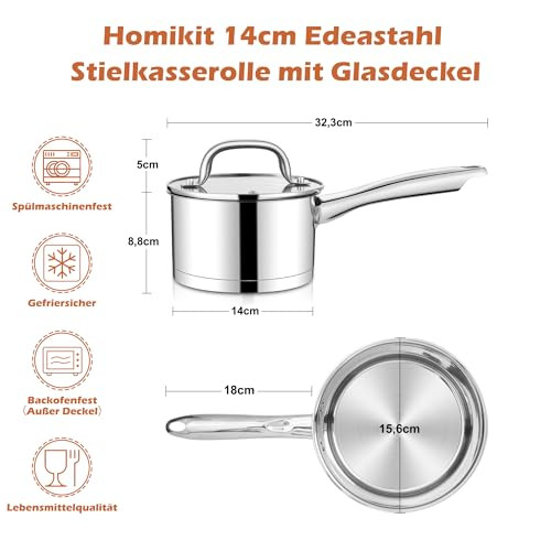 Homikit lábas 14 cm, rozsdamentes acél kis tejforraló üvegfedővel 3-rétegű alj - outlet termék