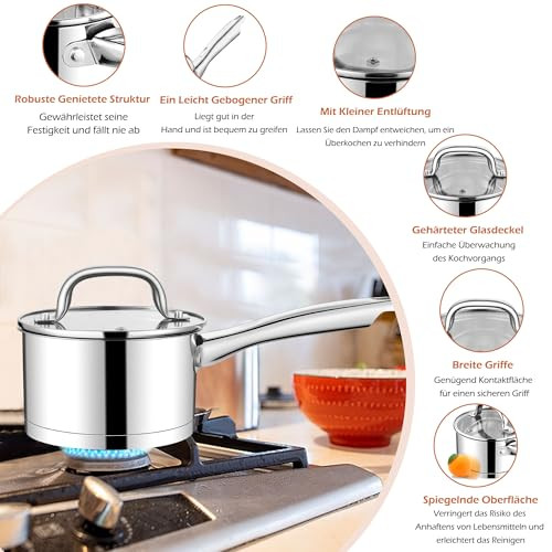 Homikit lábas 14 cm, rozsdamentes acél kis tejforraló üvegfedővel 3-rétegű alj - outlet termék