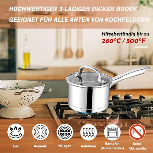 Homikit lábas 14 cm, rozsdamentes acél kis tejforraló üvegfedővel 3-rétegű alj - outlet termék