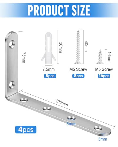 Jeboler 125×75mm 4 darabos 90 fokos polc tartó rozsdamentes acél, L-alakú, fém bútor - outlet termék