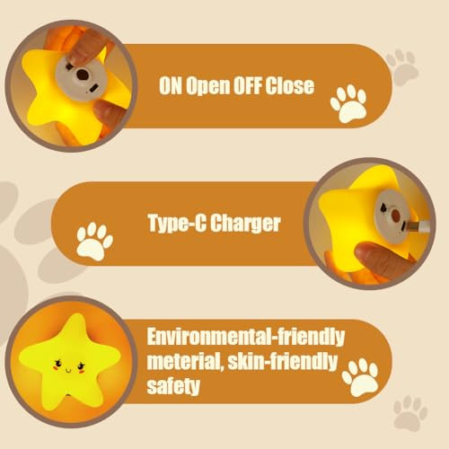 HOTUT csillag éjjeli lámpa gyerekeknek 3 fény mód, szilikon, érintésvezérlés - outlet termék