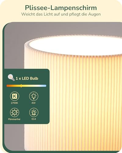 EDISHINE éjjeli lámpa, krémfehér pliszé lámpaernyő és csepp alakú fém talp, 2700K - outlet termék